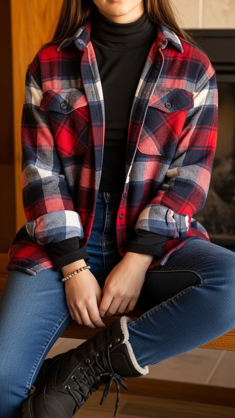 Teen in black turtleneck, open flannel shirt, dark denim, insulated boots. Cozy high school winter outfit.