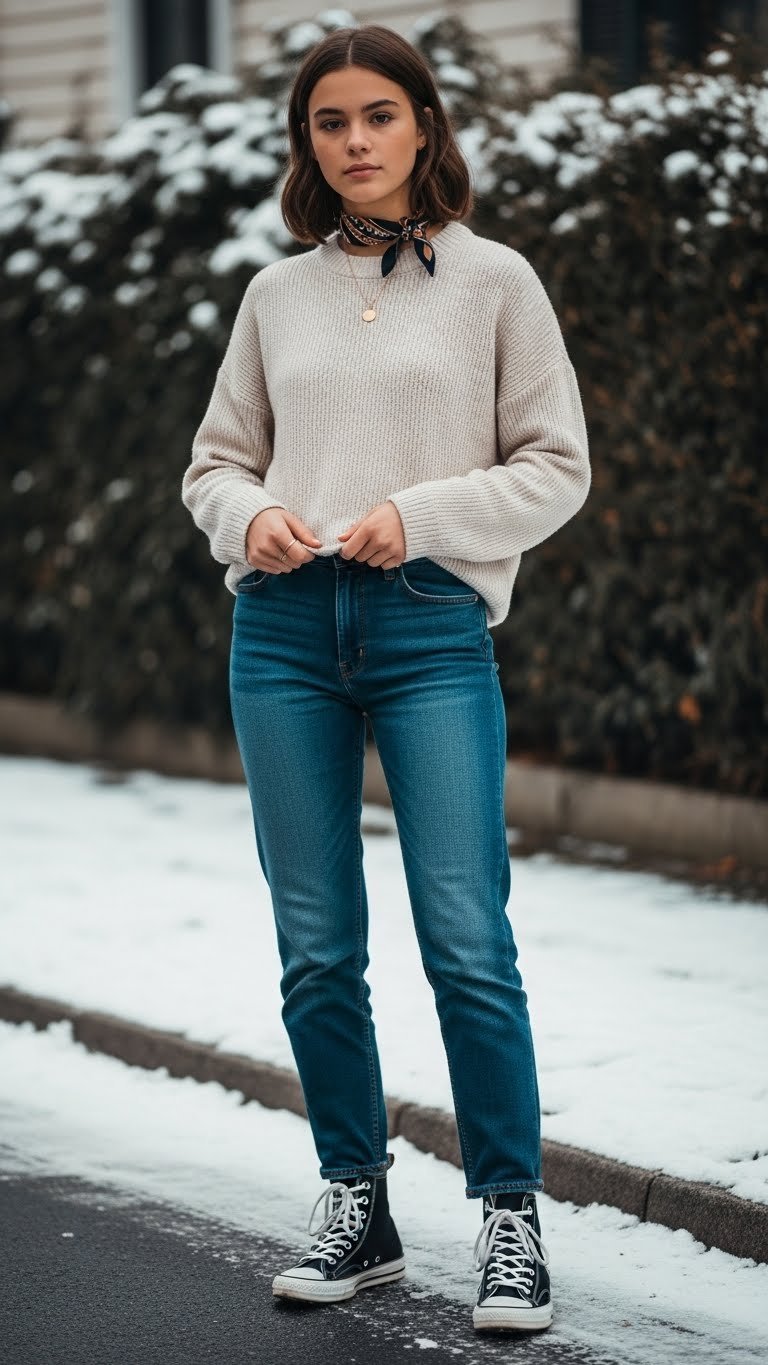 Teen in cream oversized sweater, dark jeans, high-top boots, gold necklace. Casual winter outfit on snowy street.