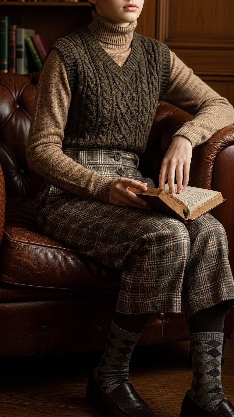 Teen in dark academia winter fashion: turtleneck, cable-knit sweater vest, plaid trousers, holding vintage book in armchair.