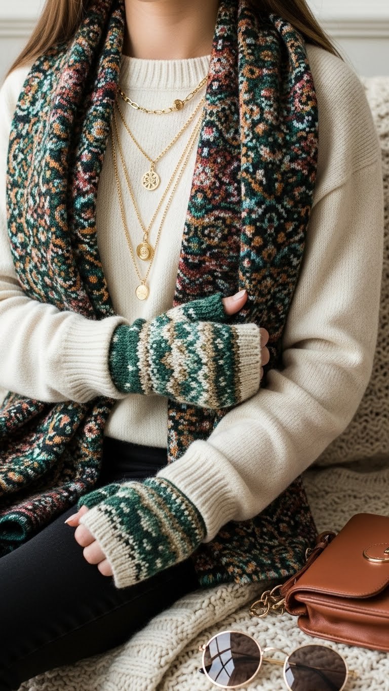 Teen in sweater with layered gold necklaces, patterned scarf, fingerless gloves. Stylish winter accessories for teens.