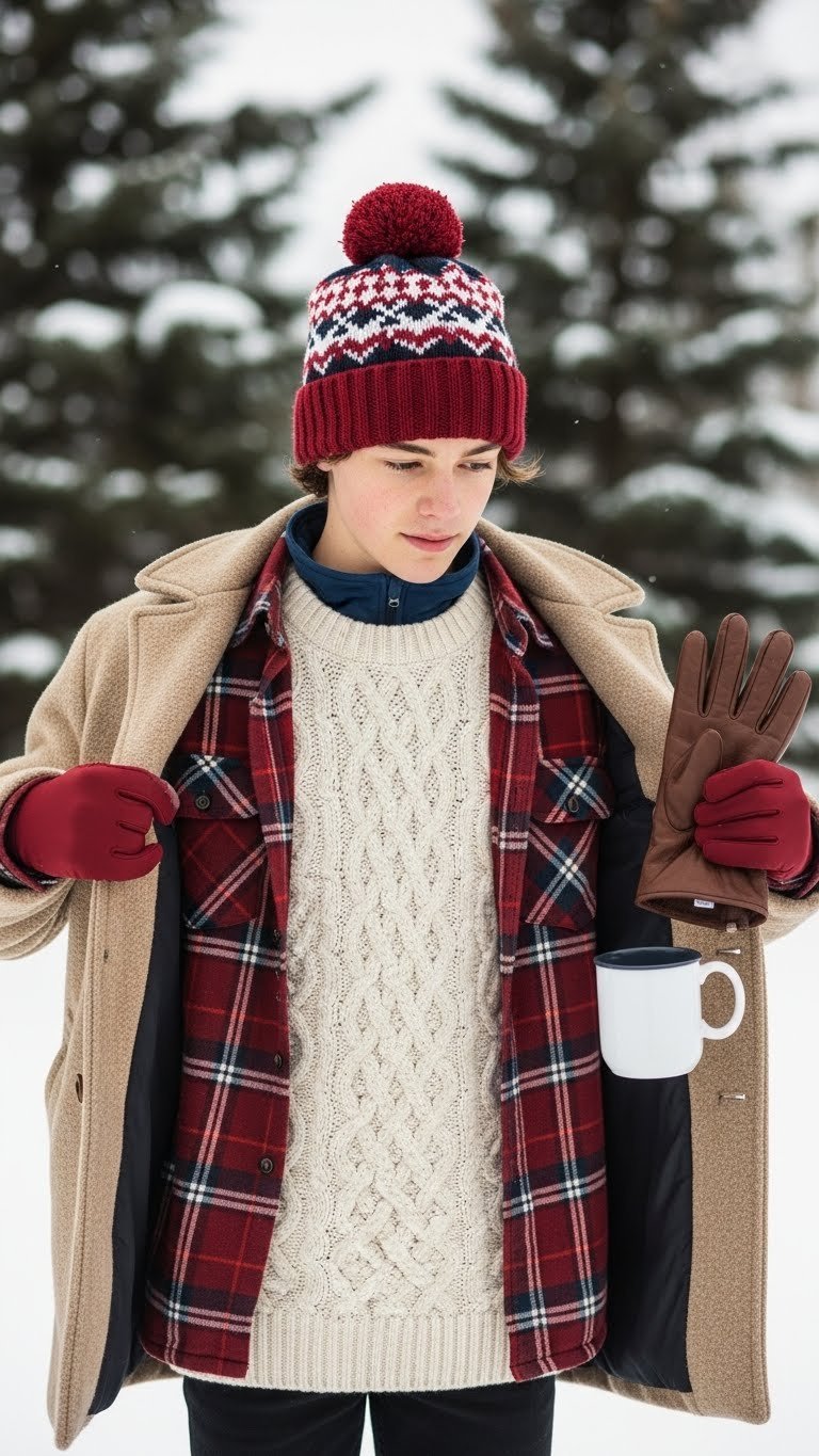 Teen showcasing winter layering: thermal, flannel shirt, cable-knit sweater, wool coat, in snow with mug. Cozy winter outfit.