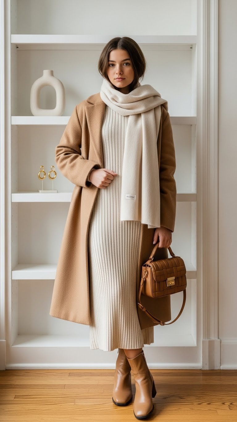 Teenager in chic monochromatic cream winter outfit: knit midi dress, wool coat, boots, scarf. Elegant youth style.