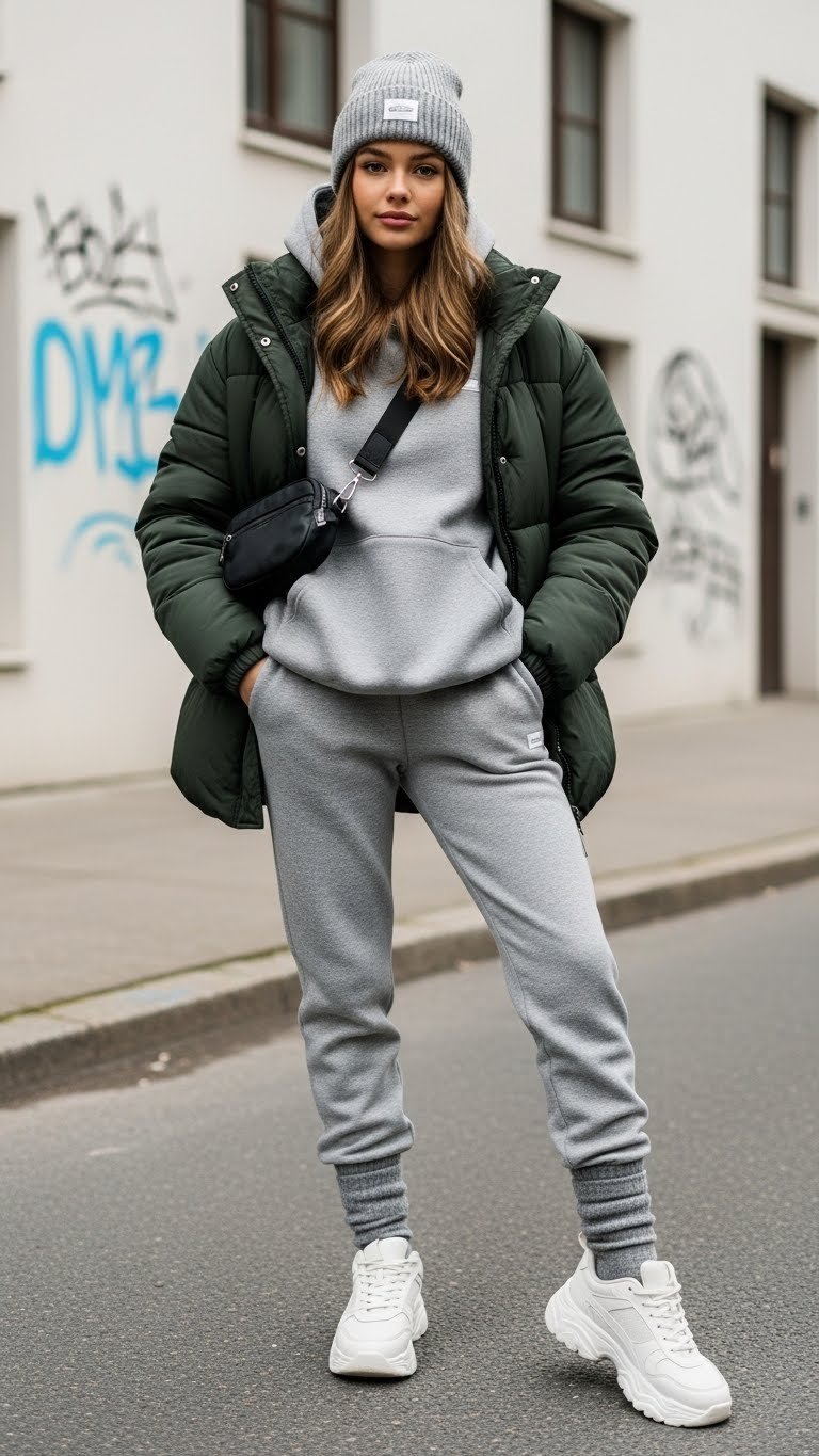 Teenager in oversized fleece sweatsuit, matte puffer jacket, chunky white sneakers, beanie. Urban winter athleisure fashion for teens.