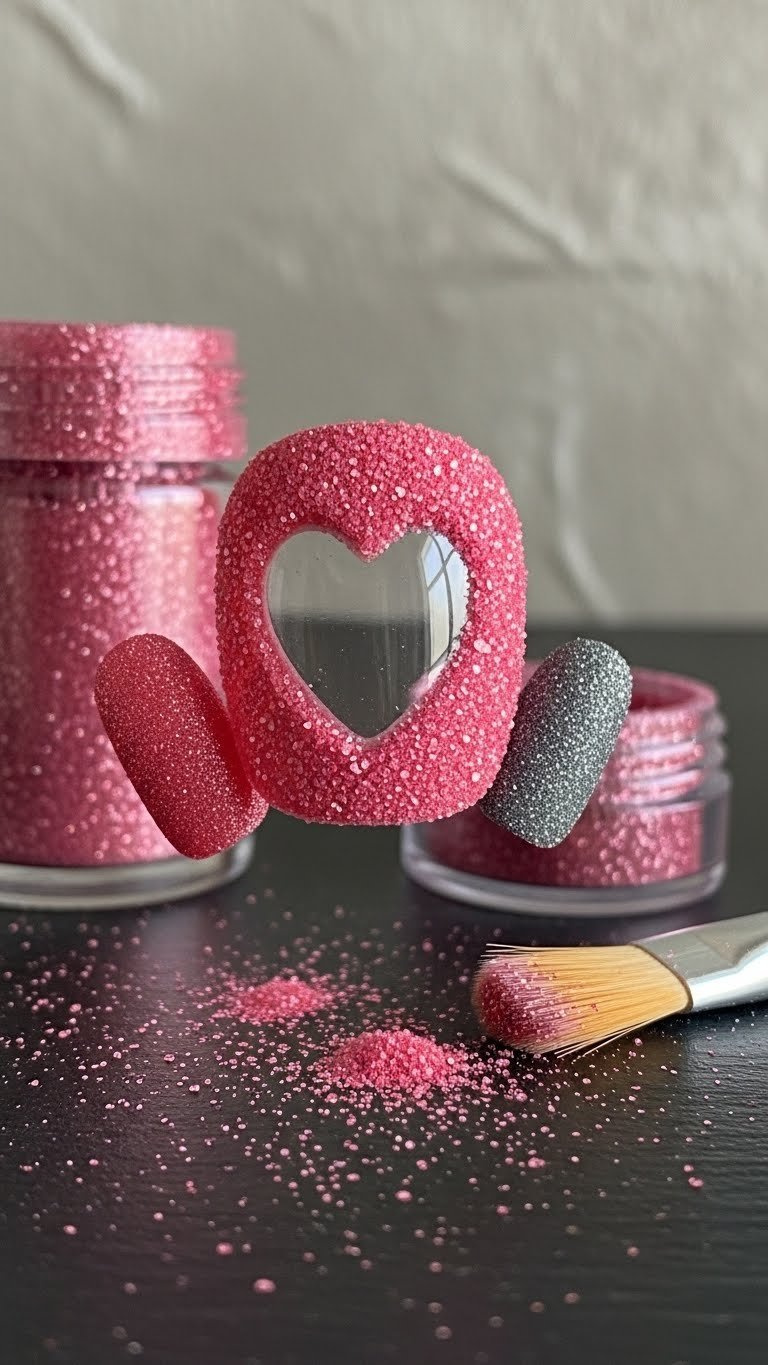 Textured 'sugared' surface surrounds a clear negative space heart nail design. Festive matte finish with fine glitter powder.