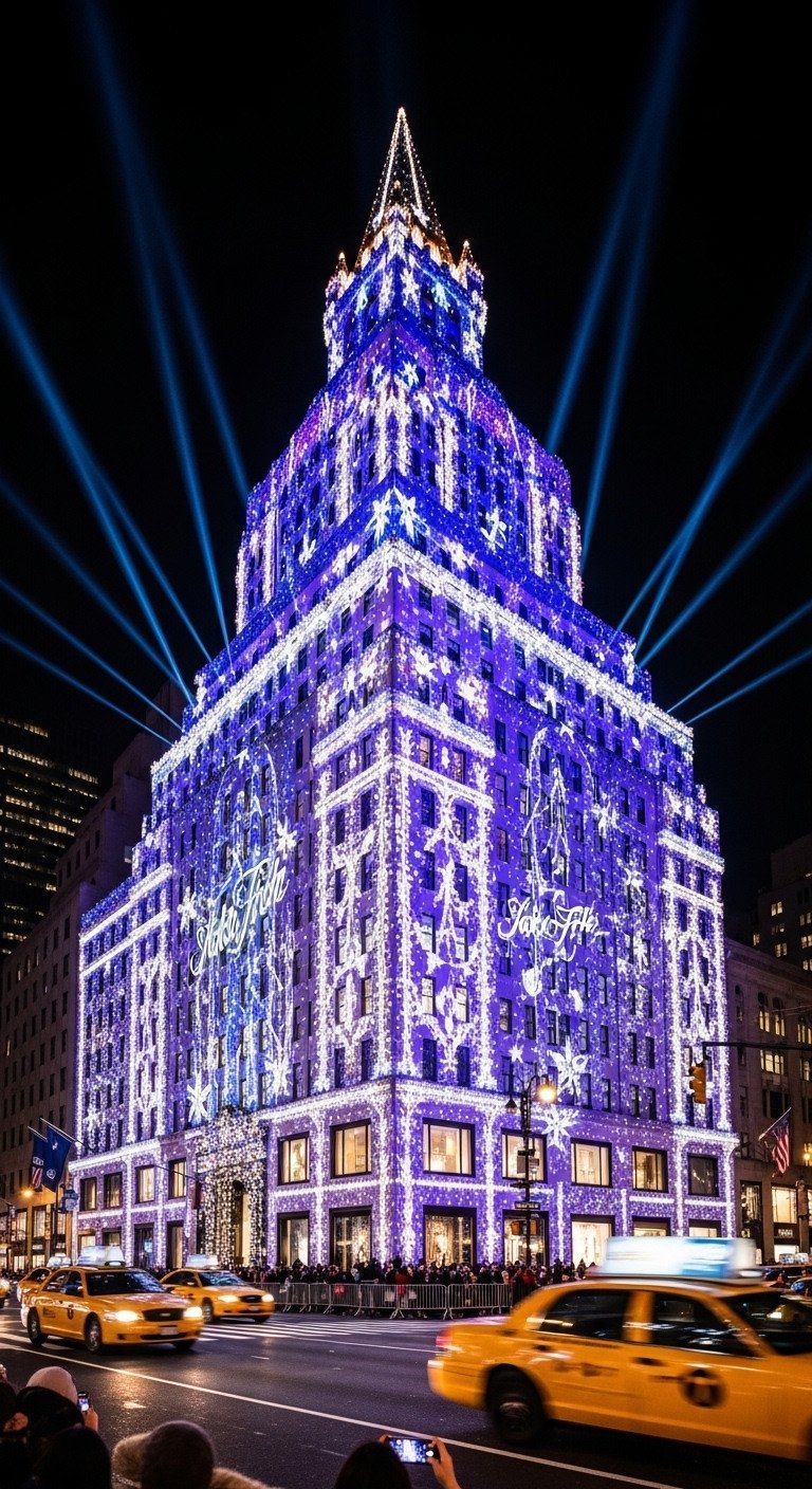 The dazzling Saks Fifth Avenue holiday light show in NYC, featuring a vibrant castle of lights projected onto the facade.