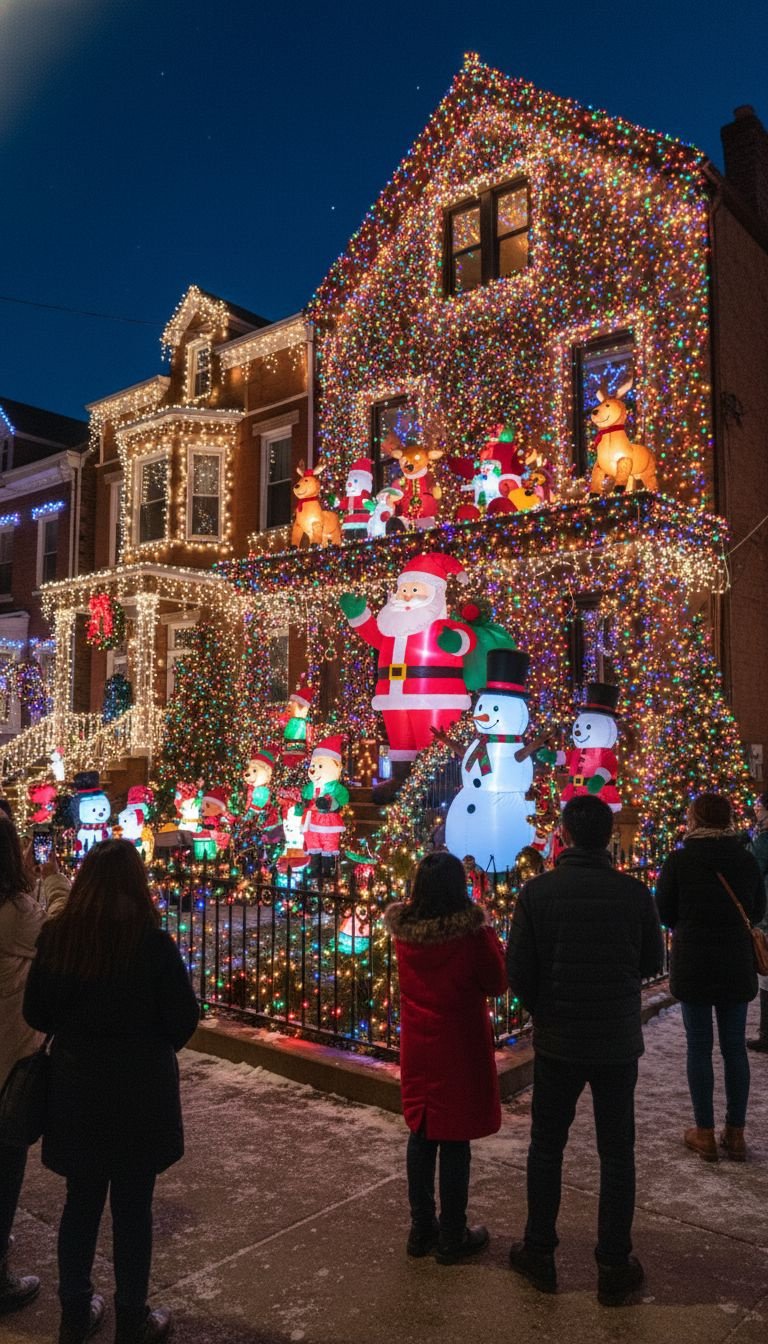The grand Main Concourse of Grand Central Terminal decorated for the holidays with giant wreaths and its celestial ceiling.