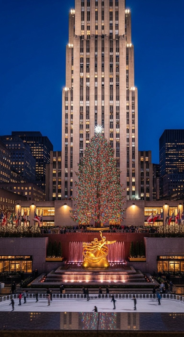The iconic Rockefeller Center Christmas Tree glows with multicolored lights at night, with the golden Prometheus statue below.
