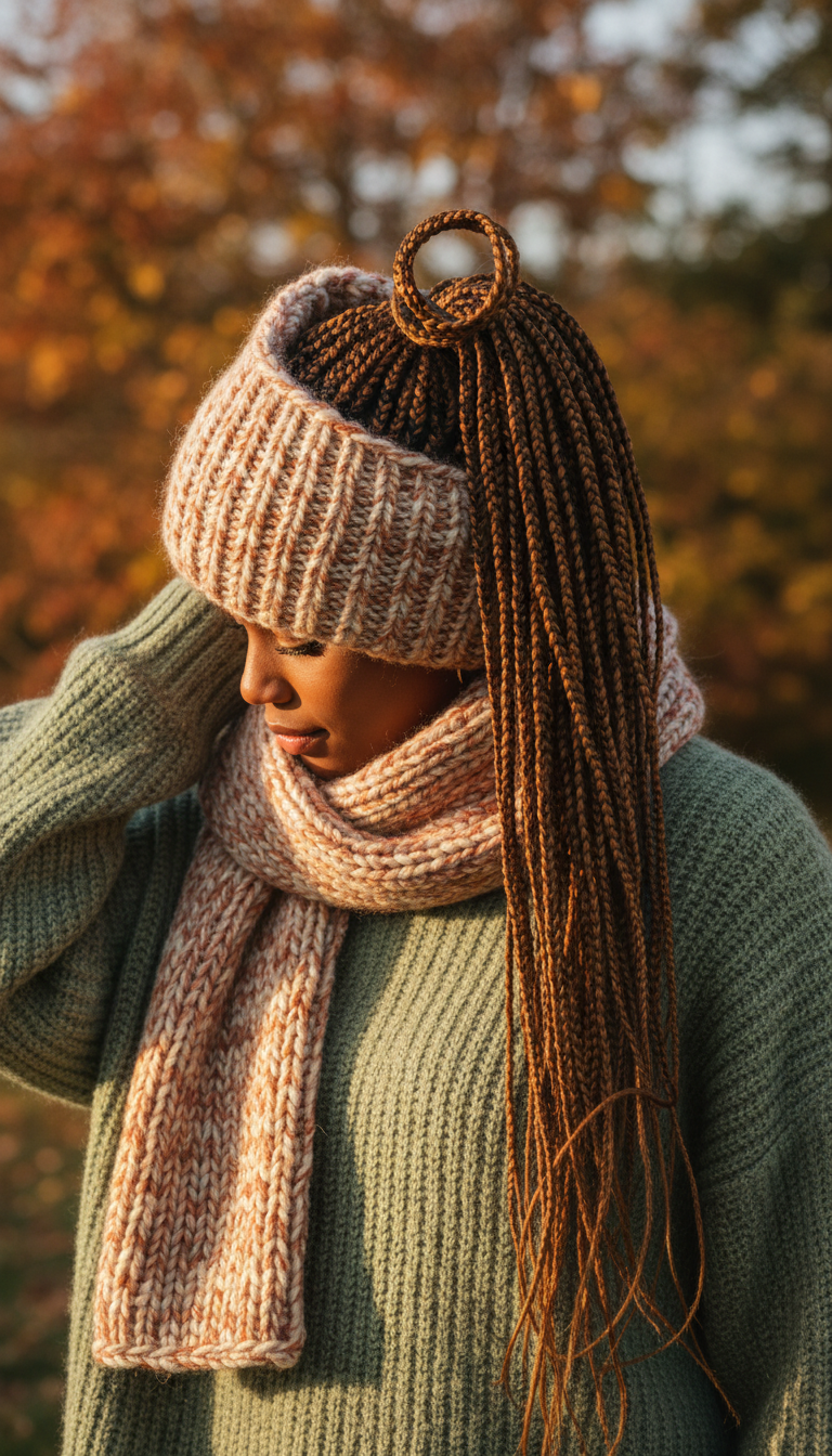 Thick box braids in a loose loop ponytail, tucked into an oversized wool beanie. Autumnal protective style, warm golden light, earthy colors.