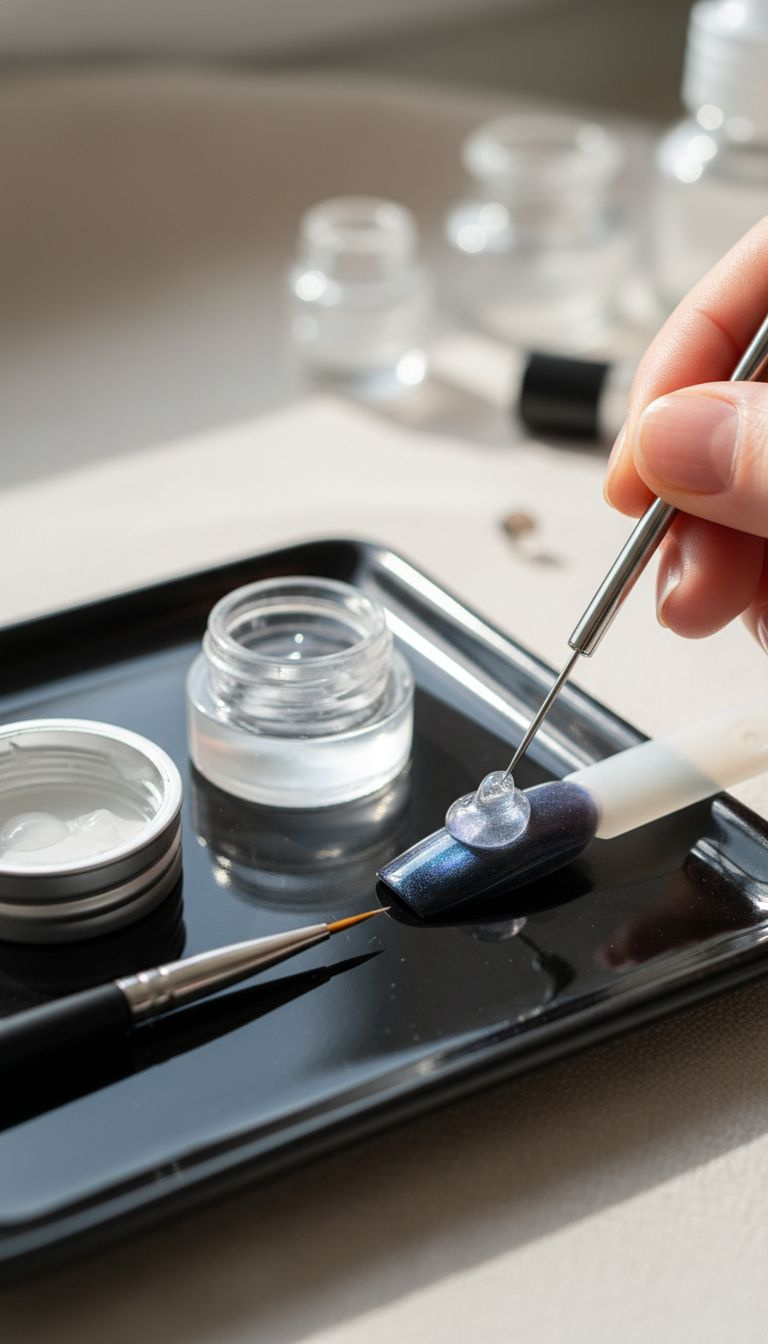 Thick structure gel applied with dotting tool on Cat Eye polish, creating a clear nest for 3D nail charm foundation.