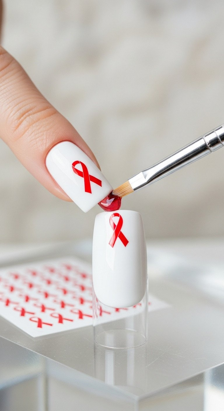 Thin red ribbon water decal carefully sealed with a glossy top coat onto a crisp white square nail on a glass surface.