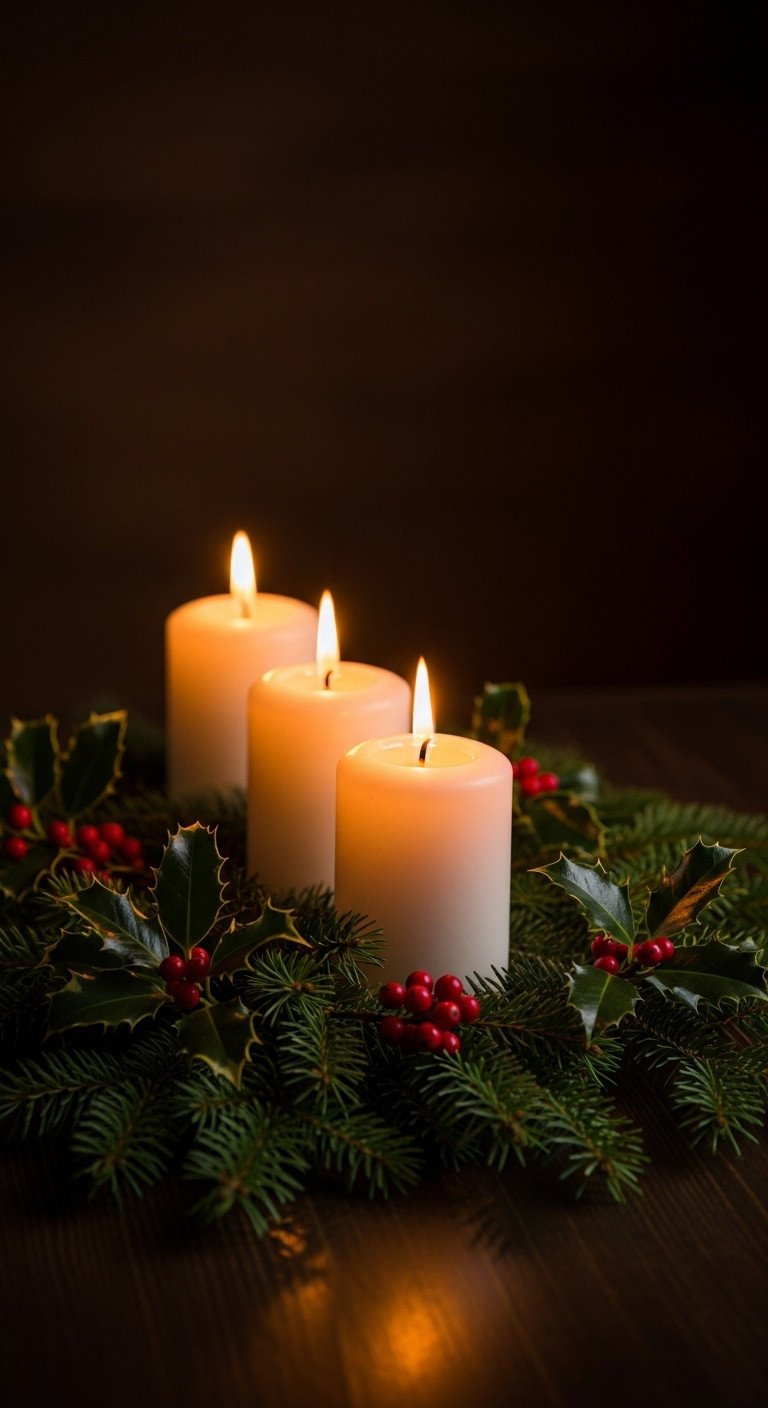 Three glowing white candles sit in a row on a bed of evergreen boughs and holly berries for a serene holiday scene.