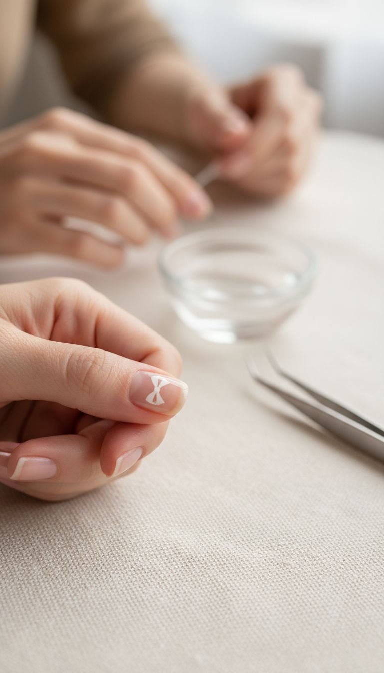 Tiny white water-slide bow decal on sheer nude nail, perfect symmetry, soft light, cozy linen tablecloth, tweezers.