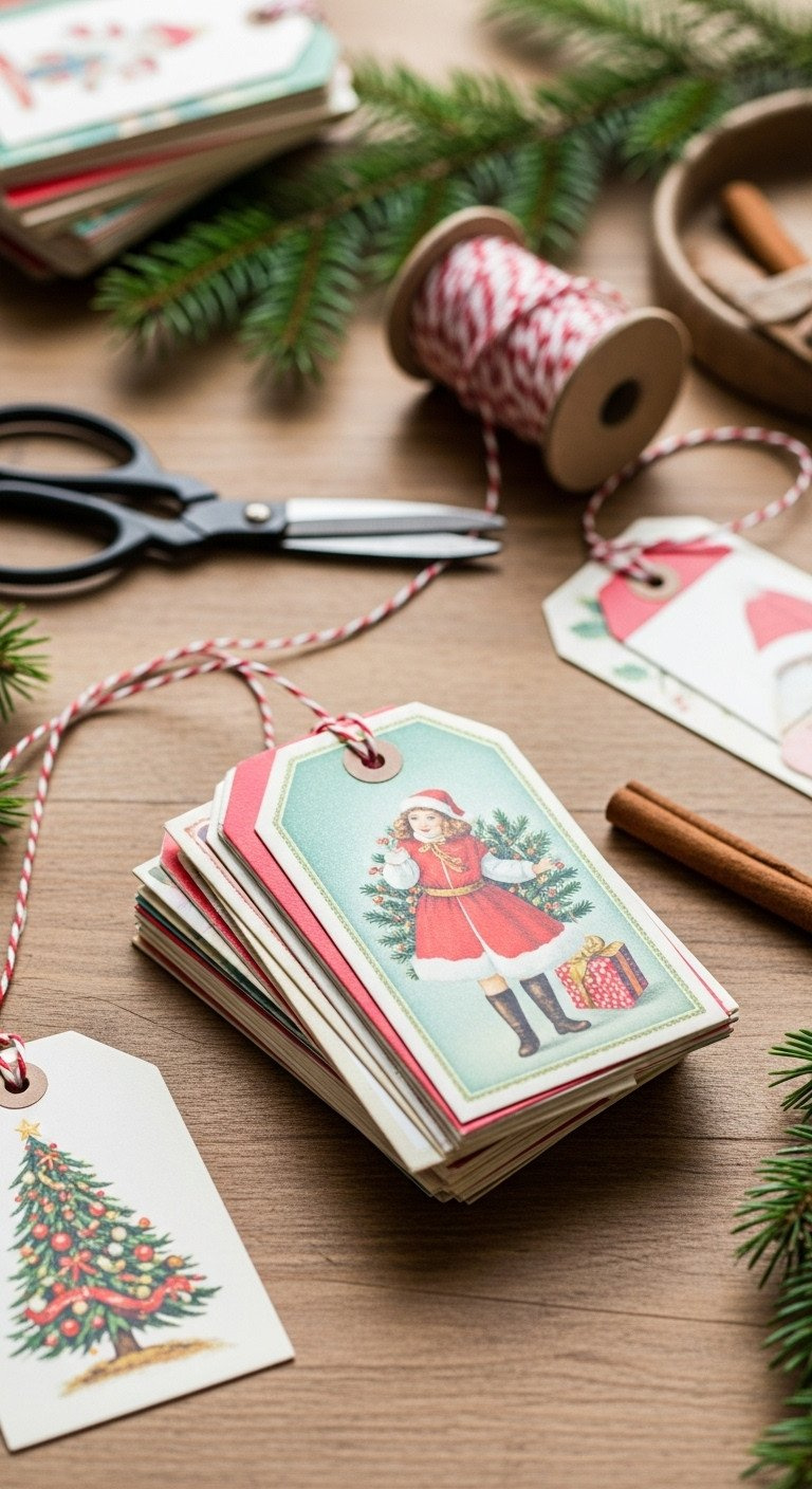 Top-down flat lay of DIY Christmas gift tags made from old cards on a rustic wood table with scissors and twine.