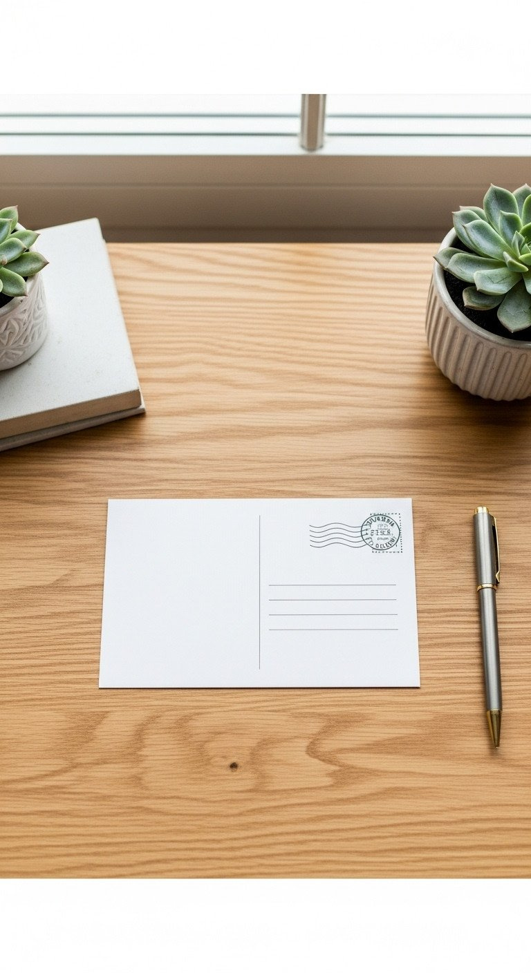 Top-down flat lay of a DIY postcard made from a Christmas card on a light oak desk with a pen and a small succulent.