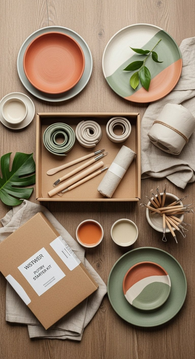 Top-down flat lay of a DIY pottery starter kit with clay, wood tools, and glazes on a rustic, creative workspace.