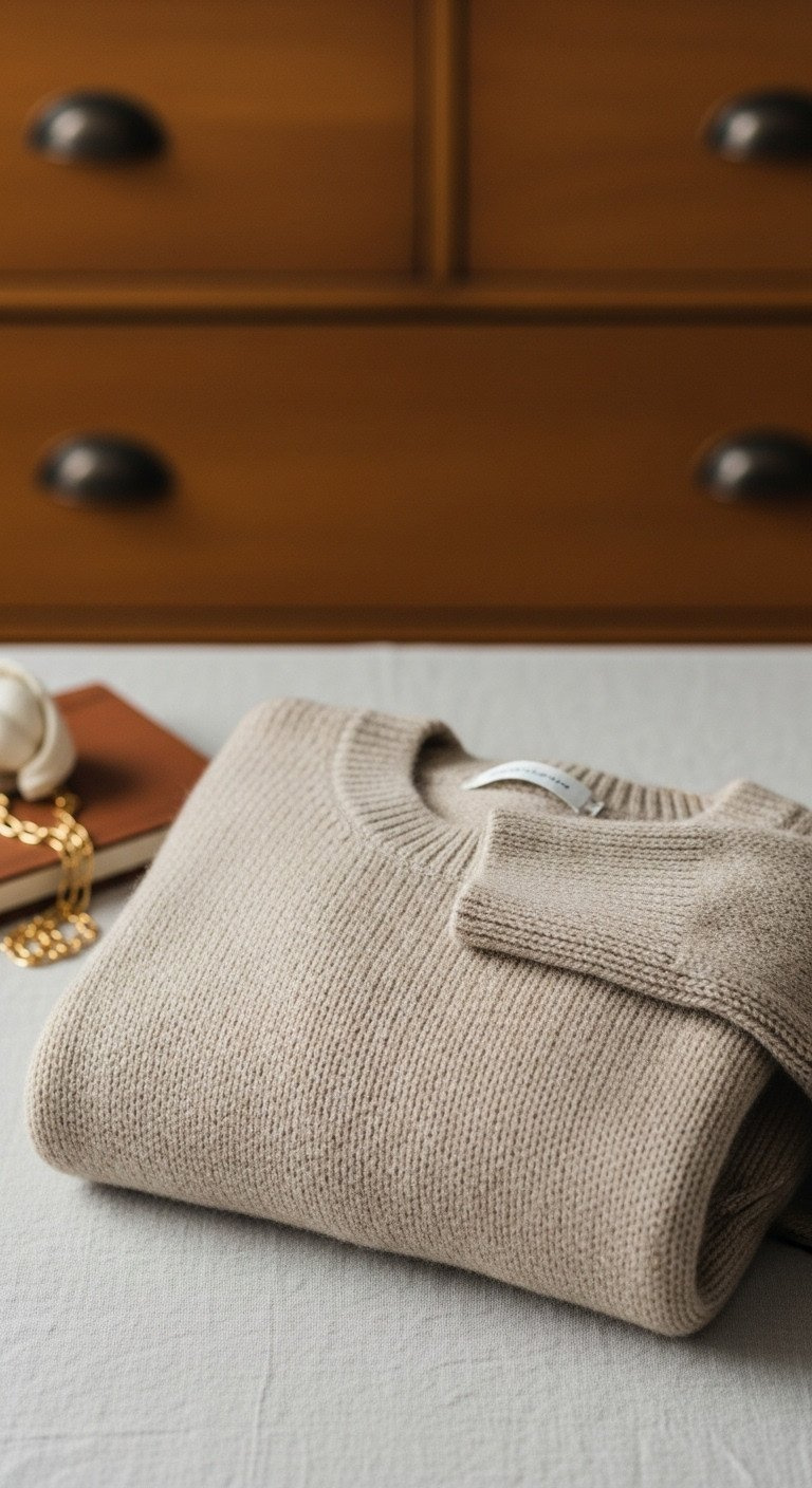 Top-down flat lay of a folded beige cashmere sweater, highlighting the soft, luxurious texture for a minimalist wardrobe.