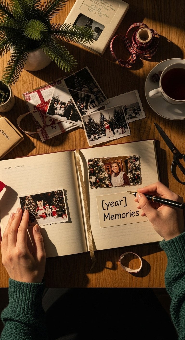 Top-down flat lay of a hand writing in a vintage scrapbook with old Christmas photos, tea, and crafting supplies.