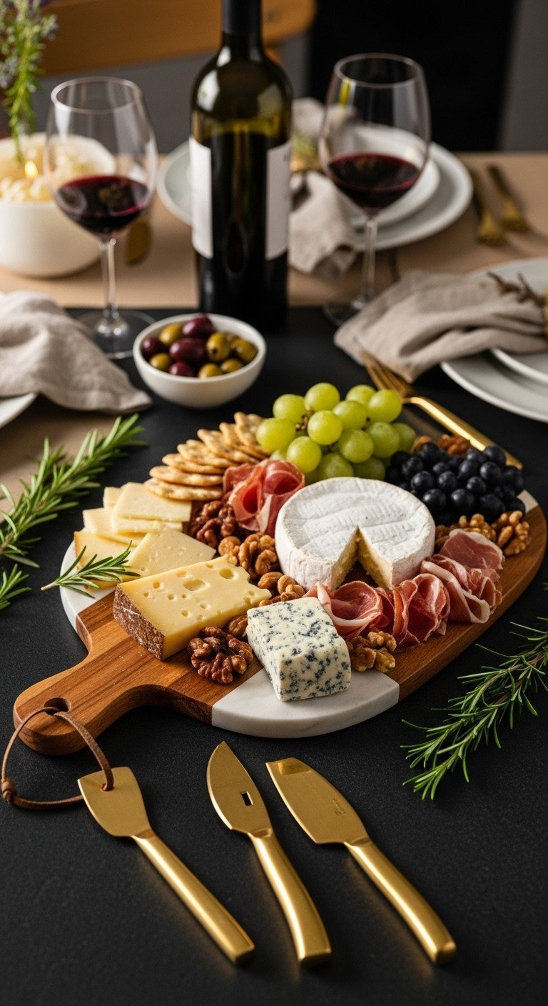 Top-down flat lay of a marble and wood charcuterie board with artisan cheeses, fruits, and gold knives on slate.