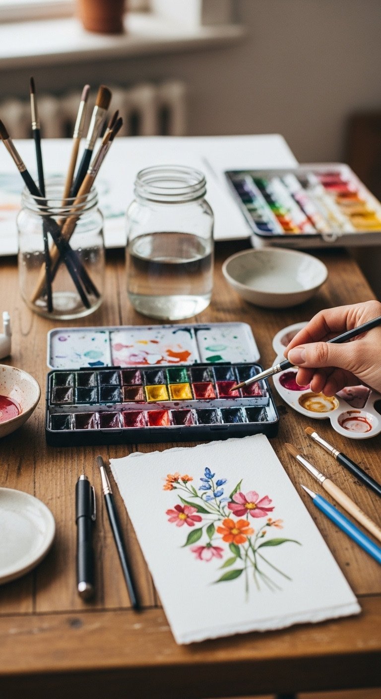 Top-down flat lay of an artist's workspace with a watercolor paint palette, brushes, and a floral painting on wood.
