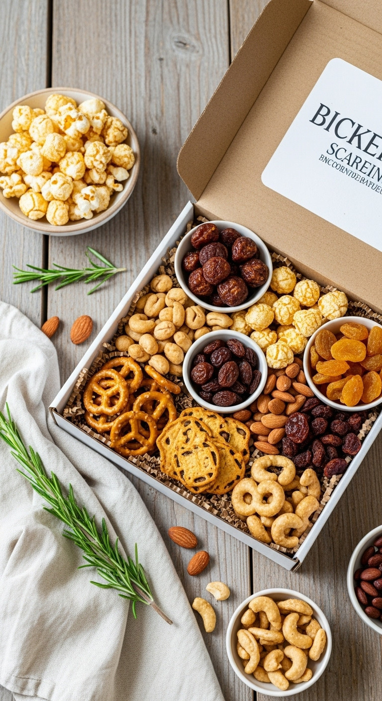 Top-down flat lay of an open artisanal snack box with gourmet popcorn, pretzels, and nuts on a rustic wooden table.