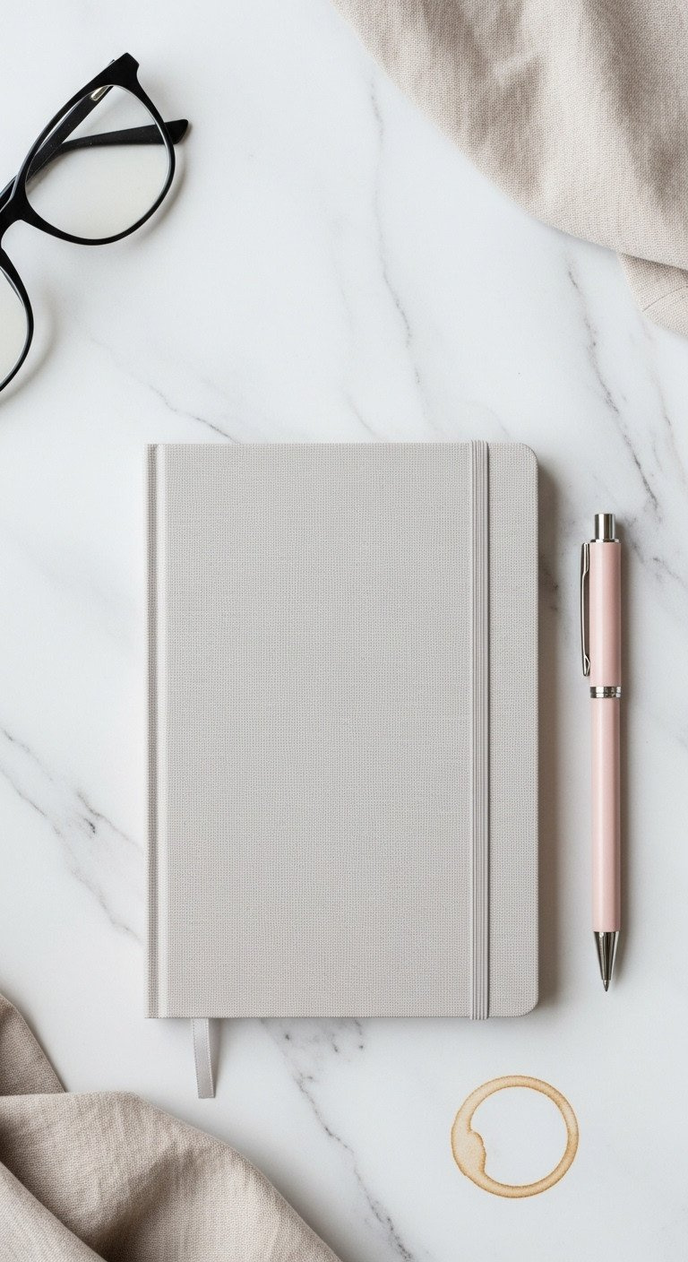 Top-down flat lay of an open minimalist notebook and a sleek metal pen on a marble surface with modern eyeglasses.