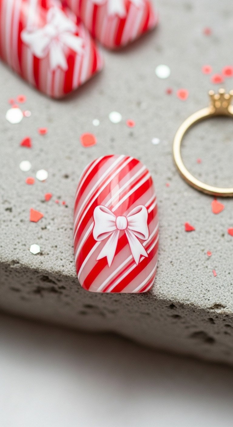 Top-down flat lay of festive candy cane striped nail with a white hand-painted bow, glitter, and a gold ring on stone.