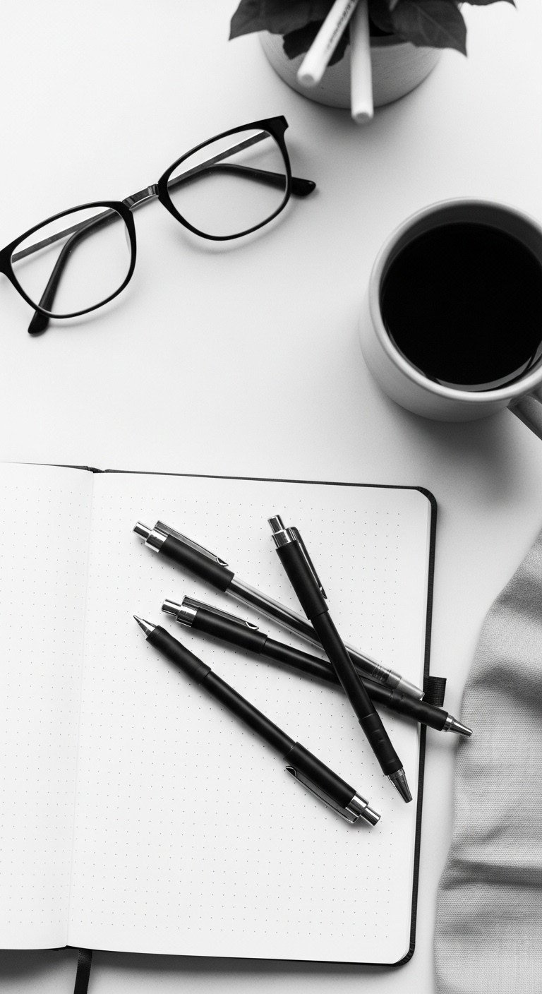 Top-down flat lay of minimalist black fine-point gel pens on an open dotted journal next to glasses and a coffee mug.