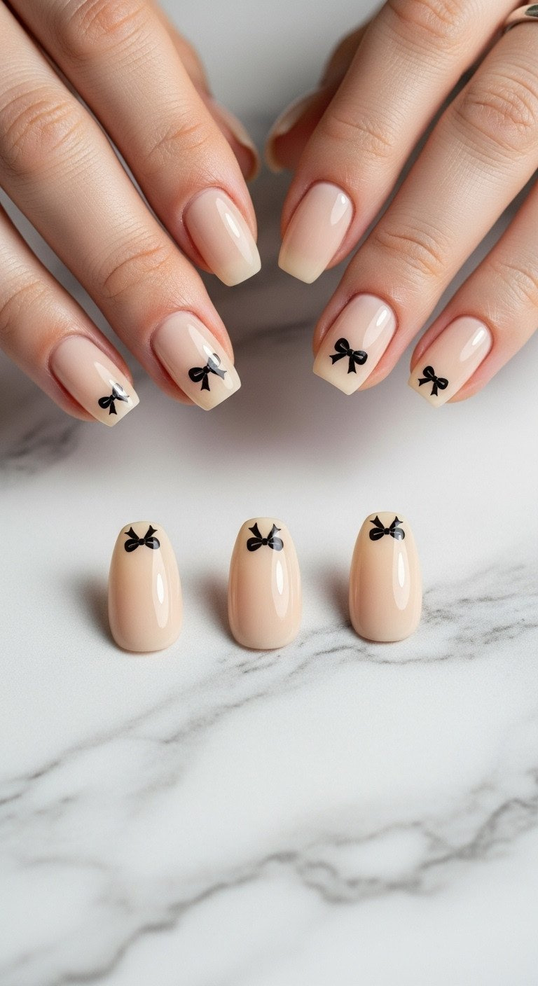 Top-down flat lay of minimalist squoval nude nails with tiny black micro-bow decals and a silver ring on a marble surface.