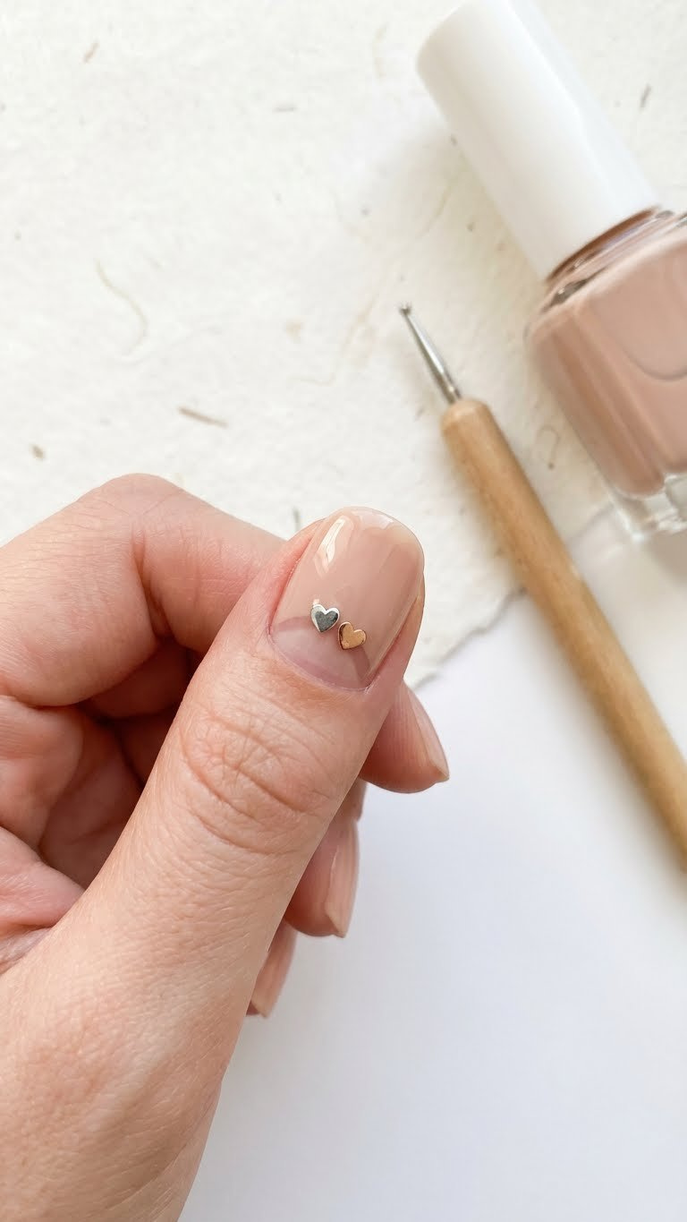 Top-down flat lay of short minimalist nails with negative space, tiny heart charms, nude polish, on a white surface with tools.