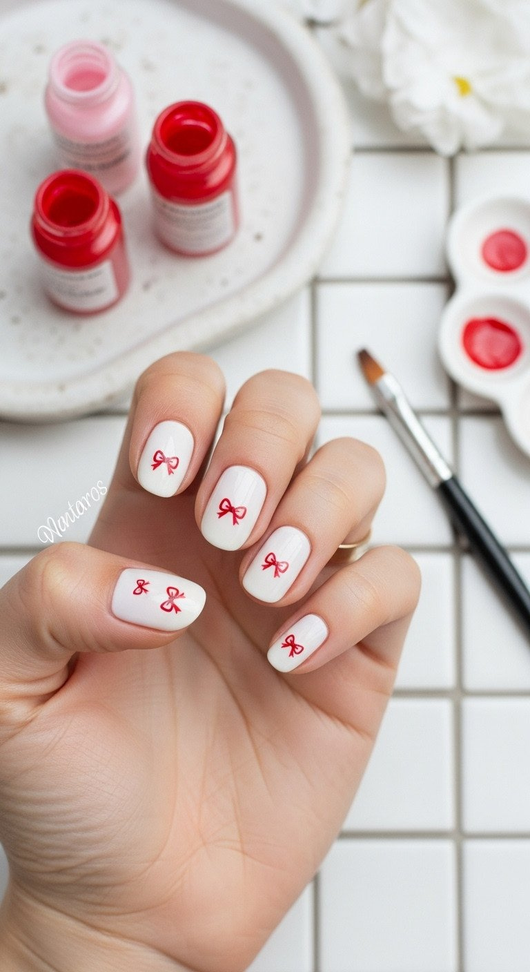 Top-down flat lay of short oval milky white nails with tiny hand-painted red micro bows. Delicate minimalist nail art.