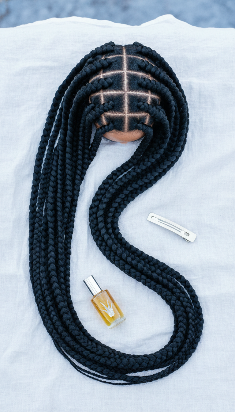 Top-down flat lay of thick, long jumbo box braids, showcasing uniform thickness, defined roots, and low maintenance appeal.
