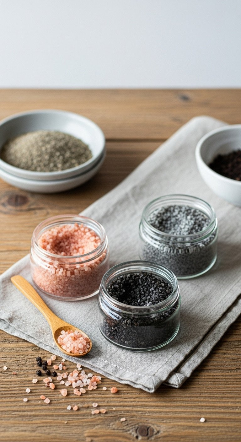 Top-down flat lay of three glass jars with pink, grey, and black finishing salts on a rustic wooden table with a spoon.