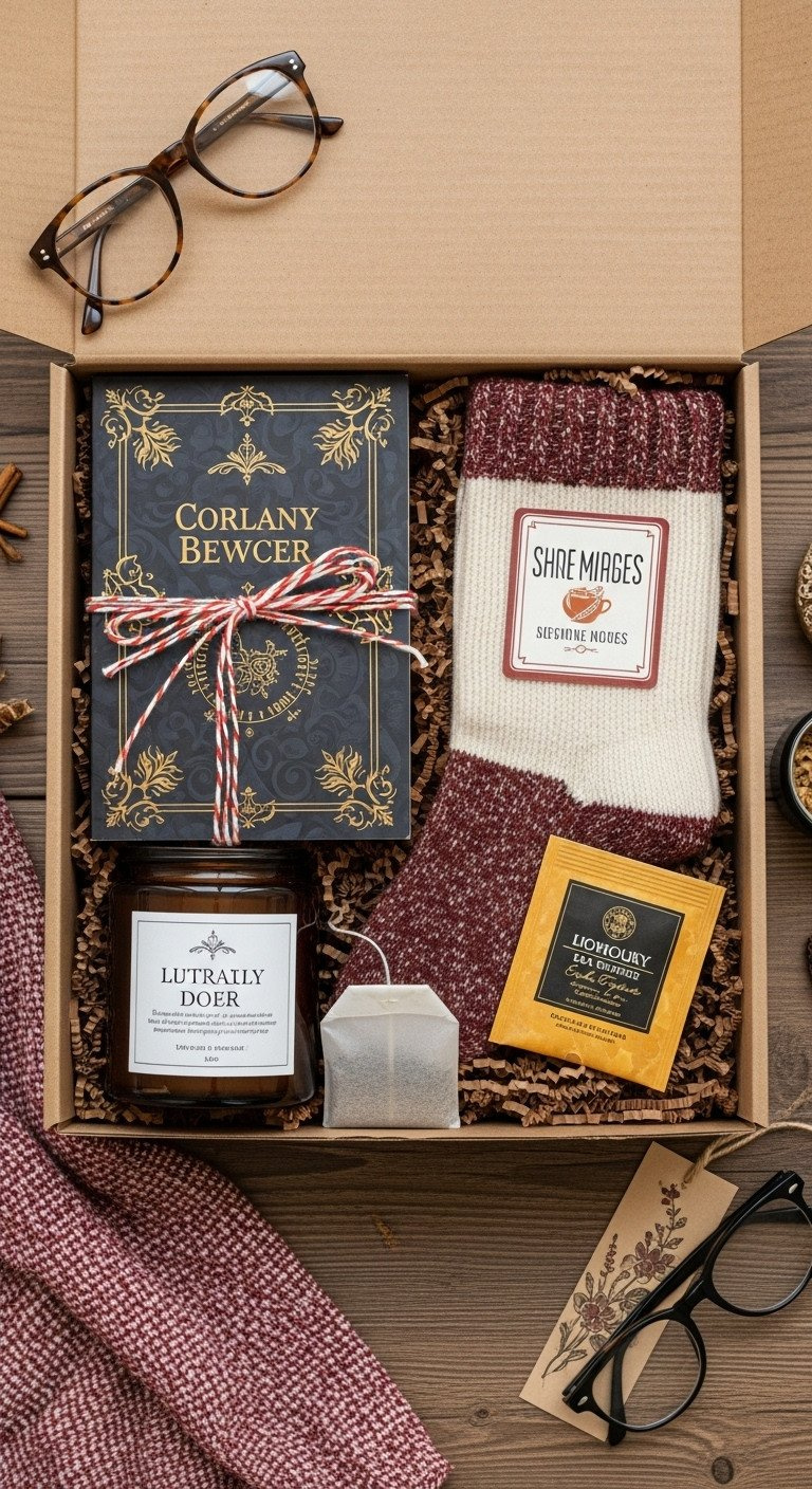 Top-down view of a book lover gift box with a book, themed candle, cozy socks, and tea on a rustic wooden table.