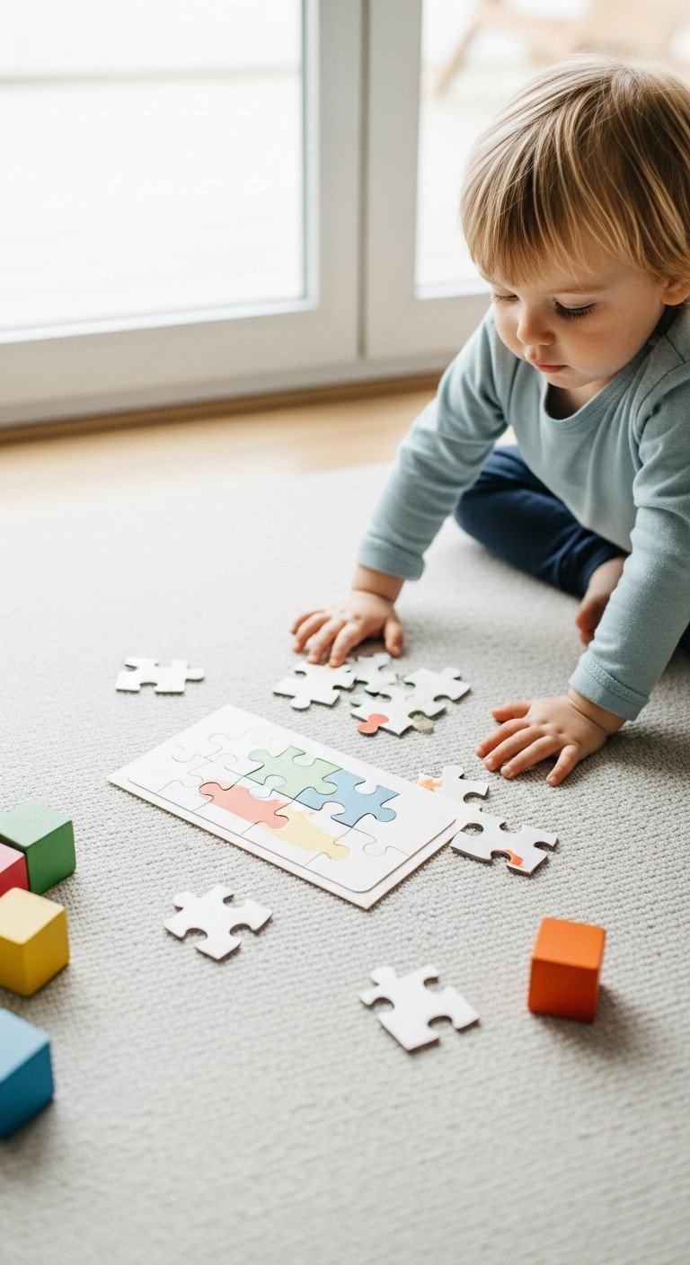 Top-down view of a child's hands next to a simple DIY jigsaw puzzle made from a Christmas card on a playmat.