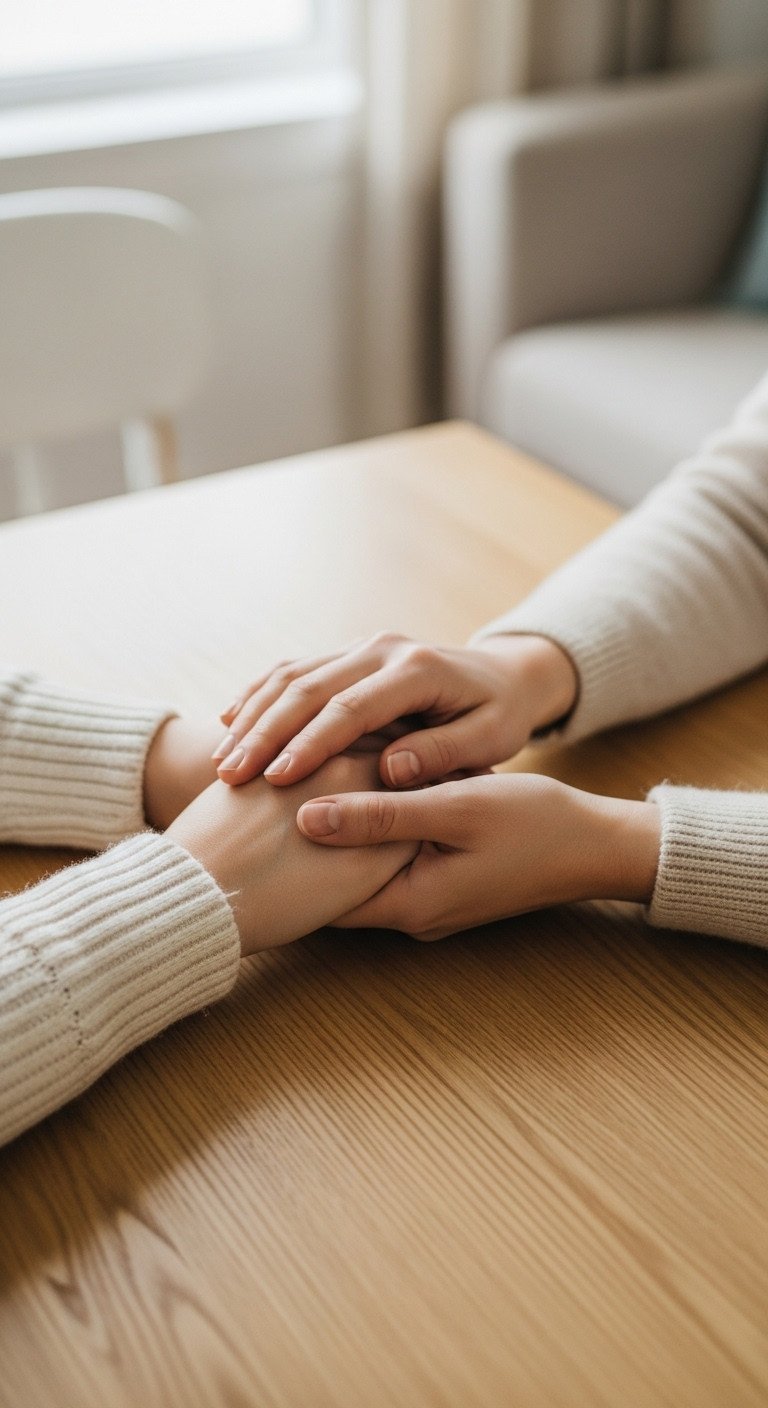 Top-down view of a hand gently resting on another in a supportive gesture on a light oak table.