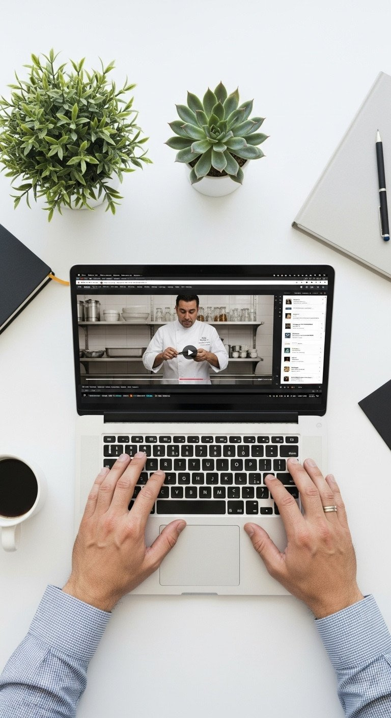Top-down view of a person's hands on a laptop streaming an online cooking class on a clean, minimalist white desk.