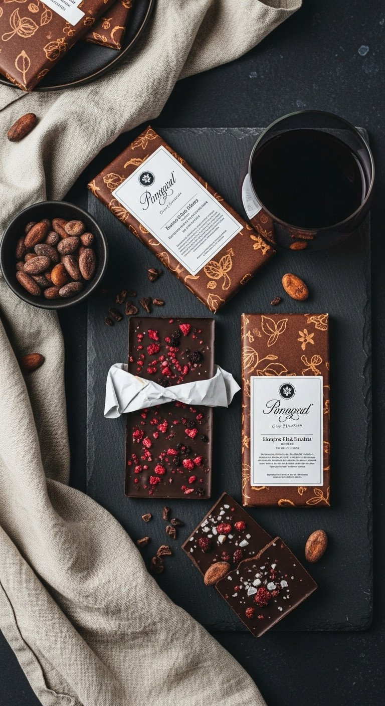 Top-down view of artisanal chocolate bars on a dark slate surface with one unwrapped, next to cacao nibs and red wine.