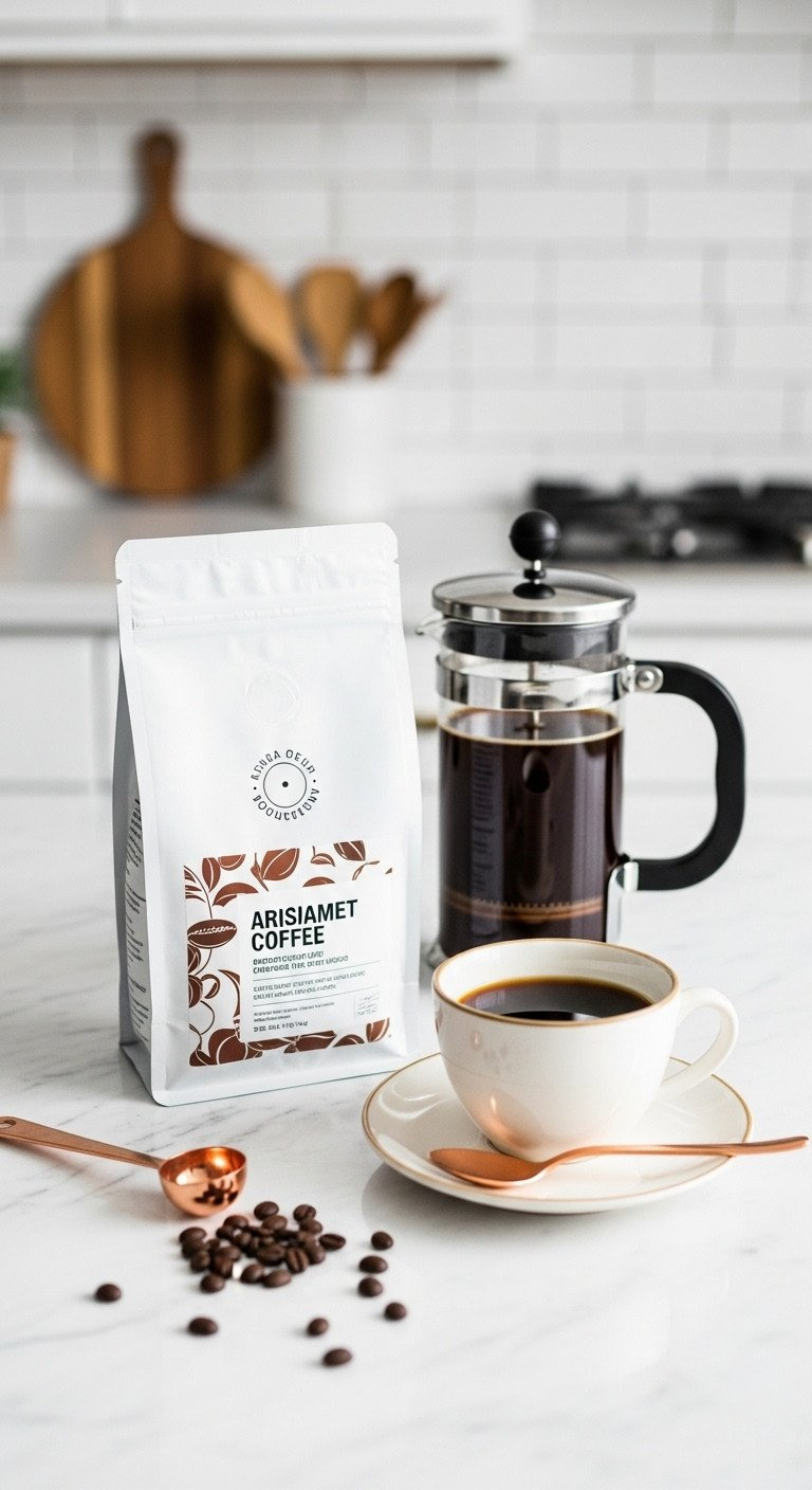 Top-down view of artisanal coffee beans, a French press, and a cup of black coffee on a white marble kitchen counter.