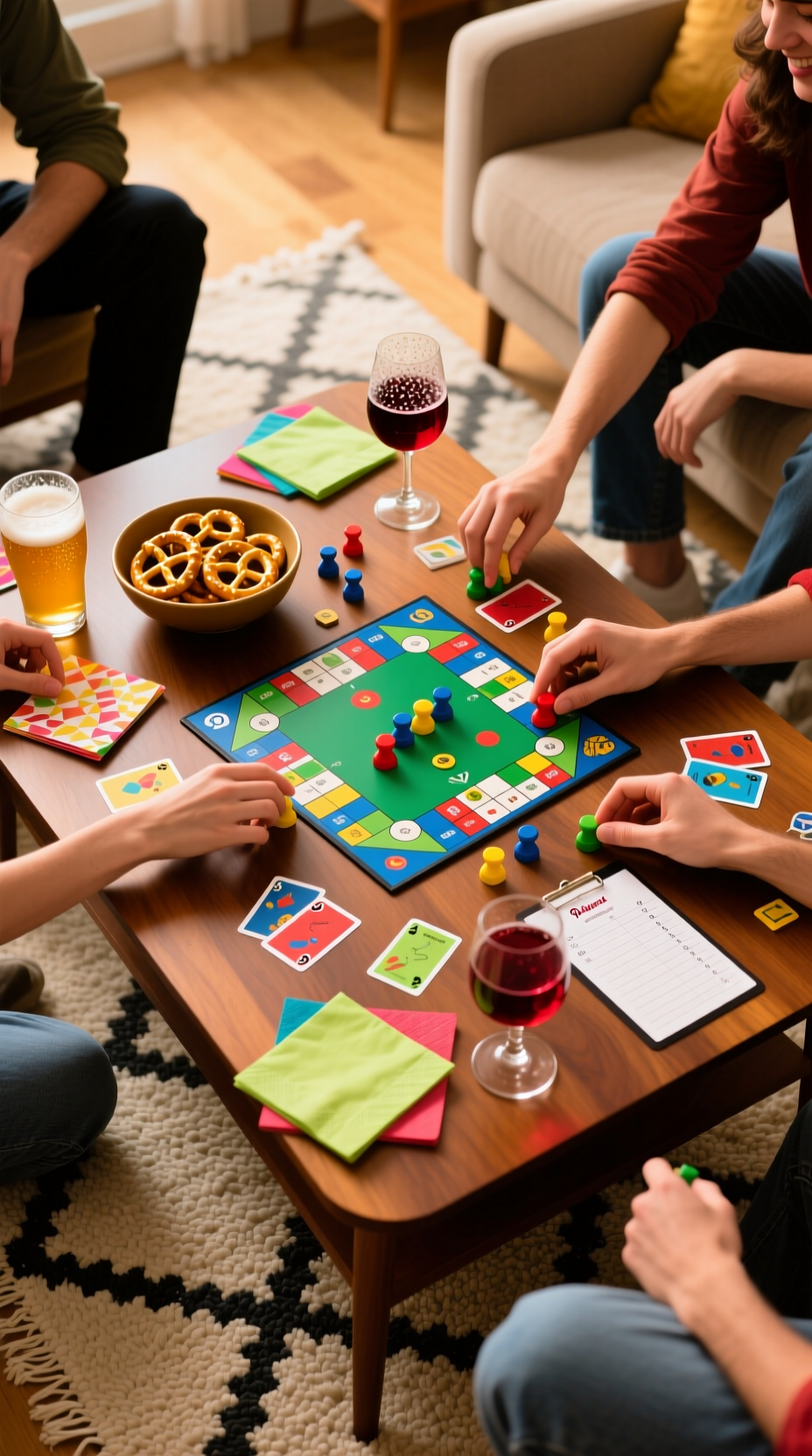 Top-down view of friends' hands playing a colorful board game on a wooden coffee table with snacks and drinks nearby.