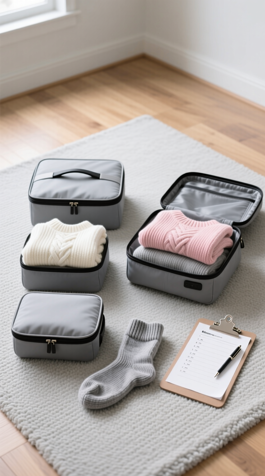 Top-down view of gray compression packing cubes organizing sweaters neatly inside an open suitcase for travel packing.