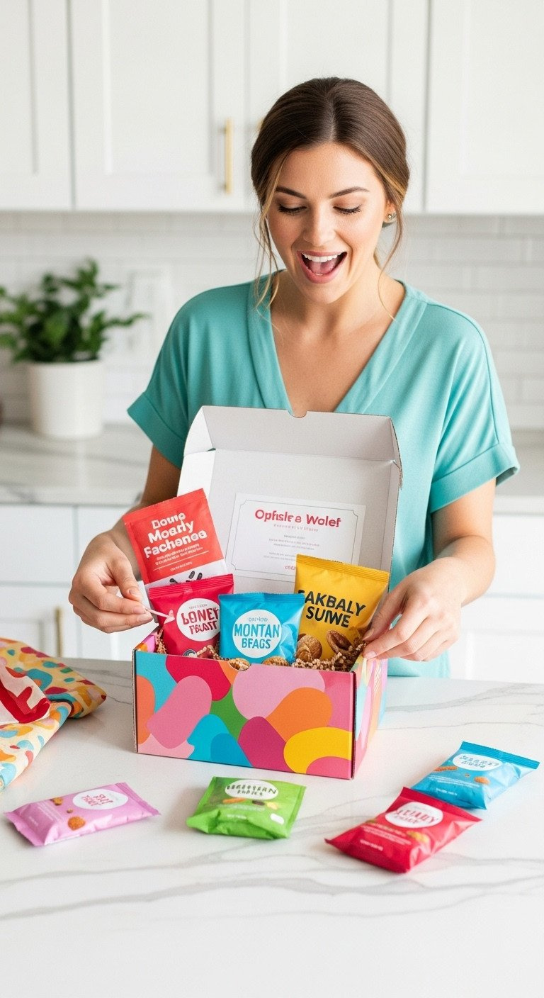 Top-down view of hands opening a snack subscription box, revealing colorful packages and tissue paper on a counter.