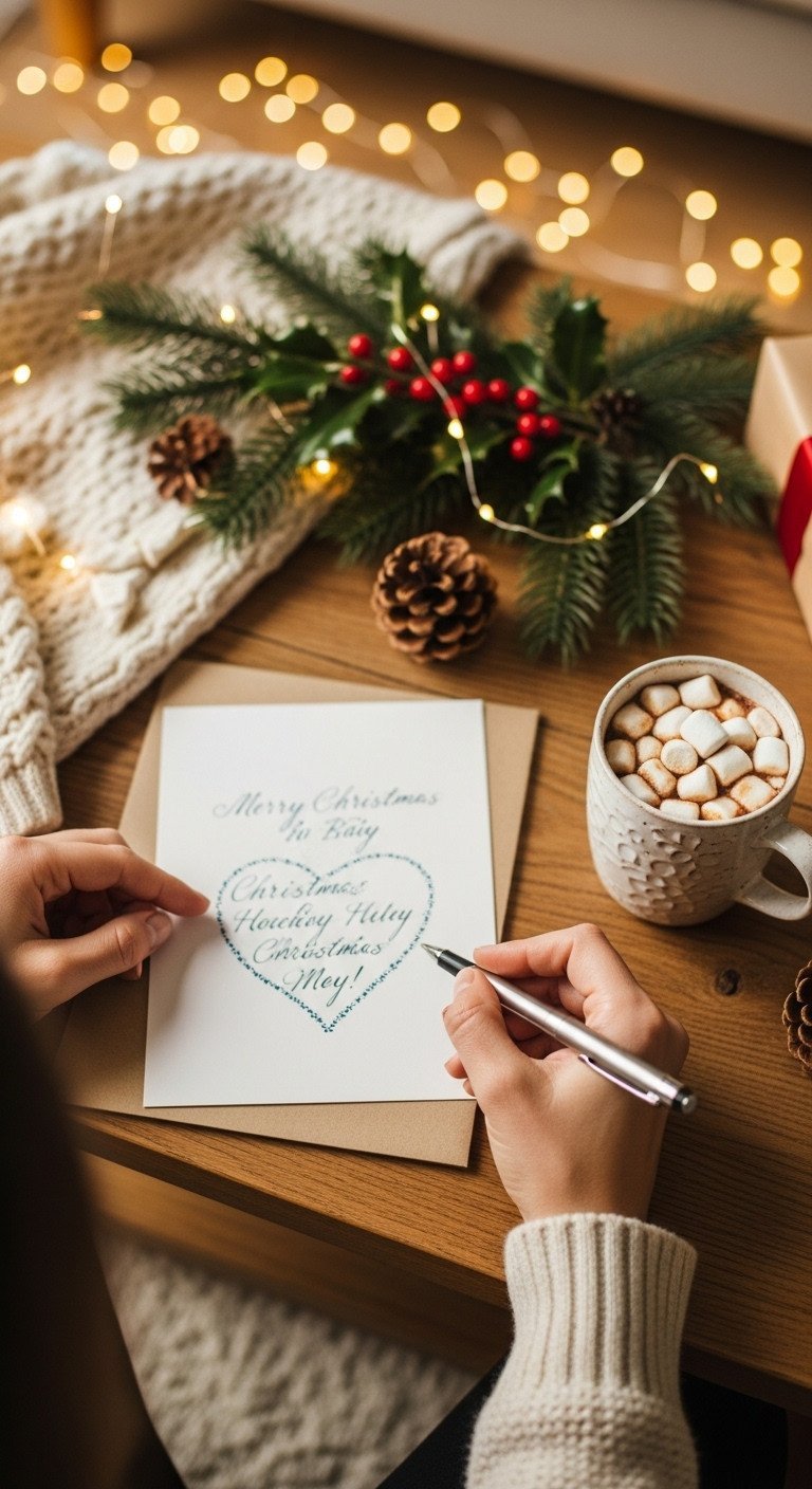 Top-down view of hands writing a Christmas card on a rustic table next to hot cocoa and cozy, festive holiday decor.