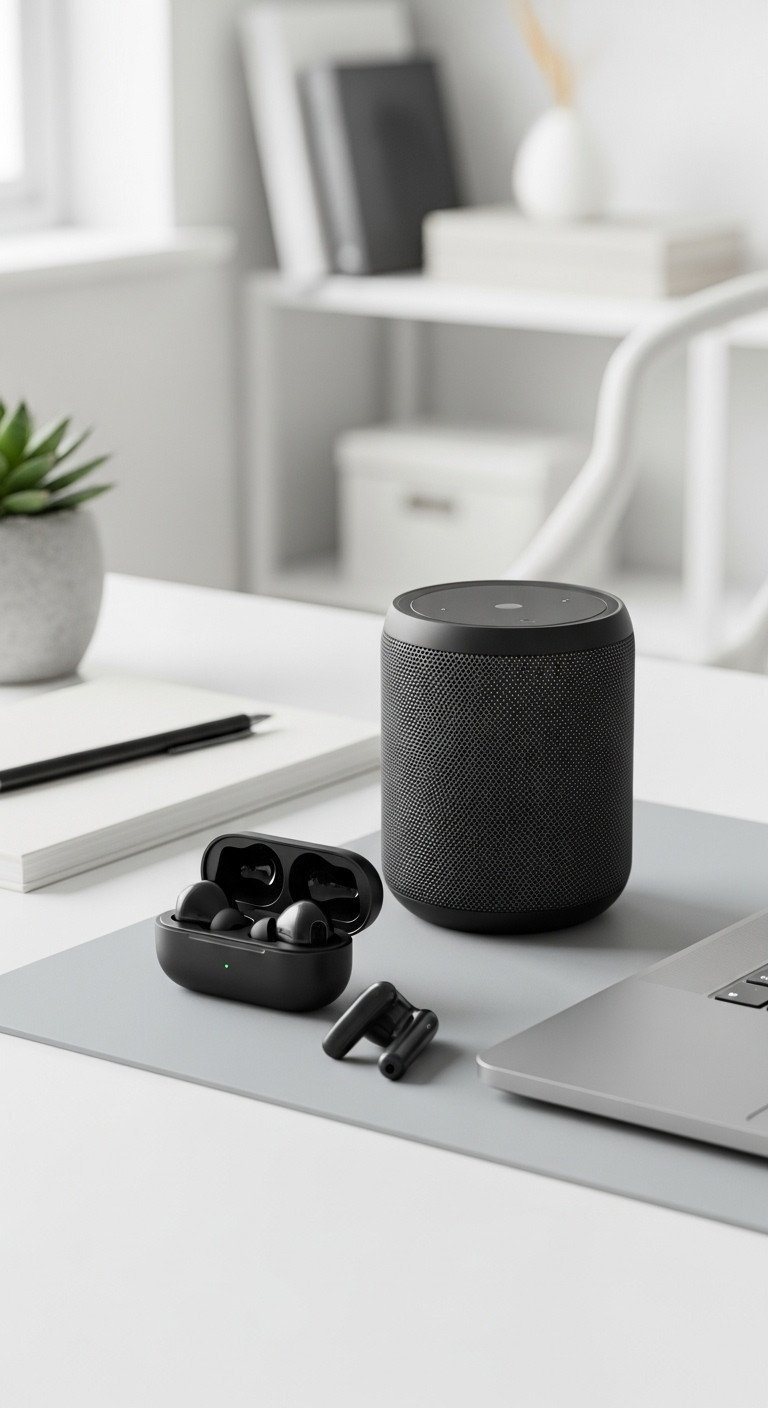 Top-down view of matte black wireless earbuds and a smart speaker on a minimalist desk with a laptop and succulent.