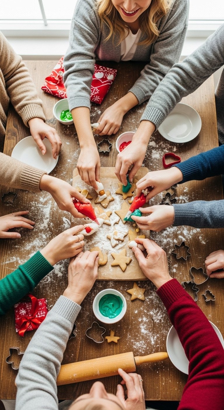Top-down view of multi-generational hands decorating Christmas cookies with colorful icing on a rustic wooden table.