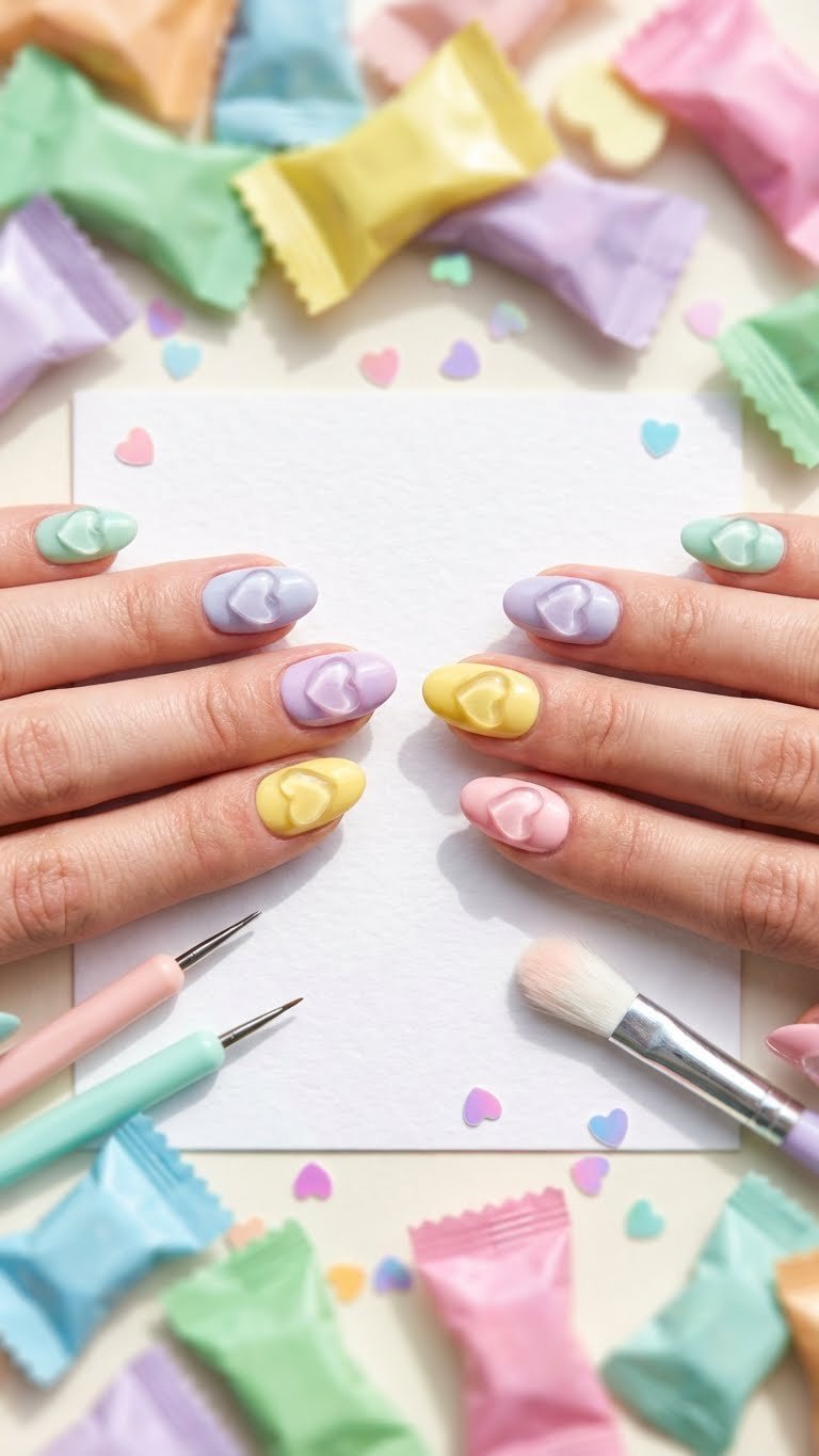 Trendy 3D Candy Heart gel nail art in pastel colors, raised dimensional hearts, with confetti and candy wrappers.