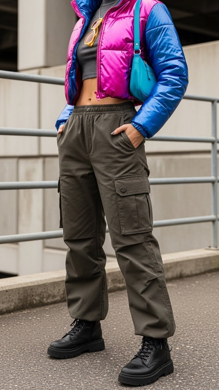 Trendy Y2K streetwear: model in khaki parachute cargo pants, metallic pink cropped puffer jacket, tinted sunglasses, city background.