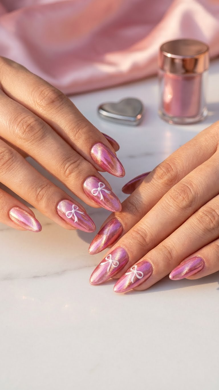 Trendy long almond nails with vibrant pink chrome cat eye gel polish, magnetic stripe, and a minimalist bow detail.