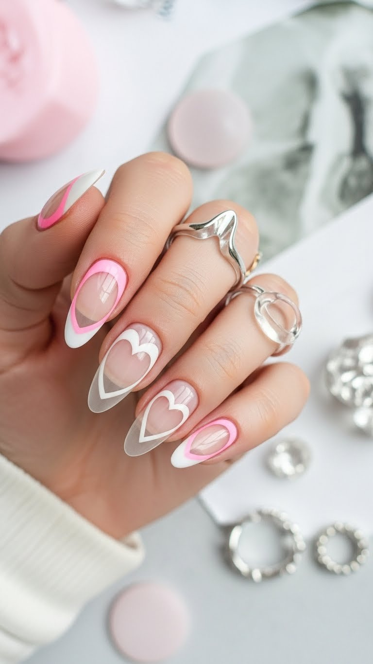 Trendy negative space heart cutouts on medium almond nails with clear base. Modern pink and white design, light surface.
