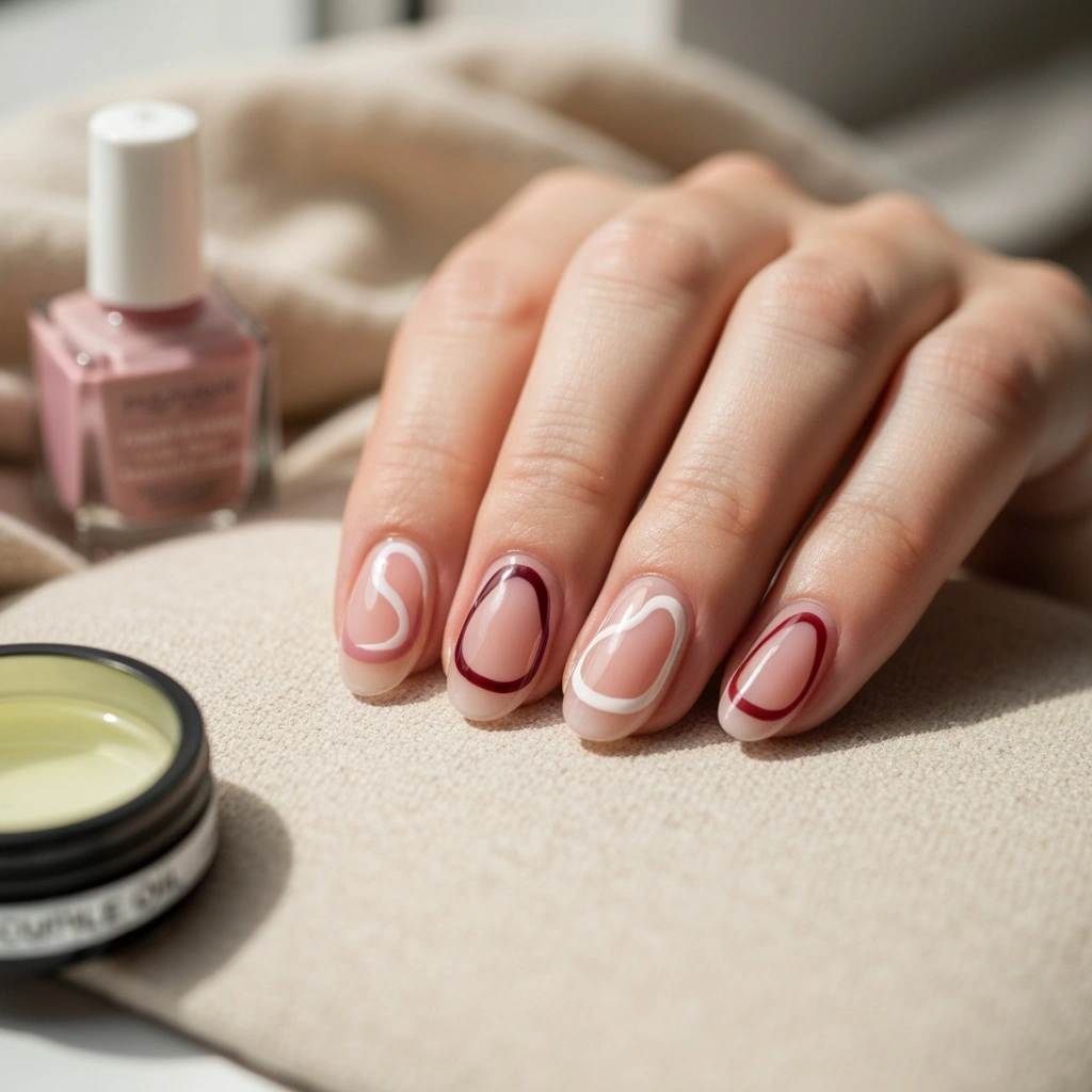 Trendy simple Valentine nails: oval nude base with abstract swirls in dusty rose, burgundy, and white shades.