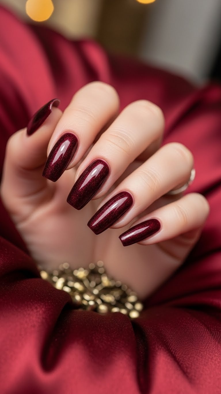 Trendy squoval velvet burgundy nails with shimmering magnetic gel texture on a silk pillow, golden light.